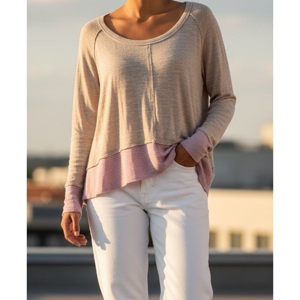 We The Free People Huntington Hacci Knit Top Women M Tan Pink Stripe LS Boho